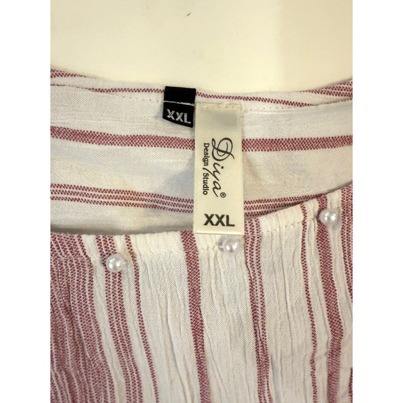 Diya Design Studio Shirt Womens 2XL White Red Striped Pearl Embellished Floral - Picture 3 of 4